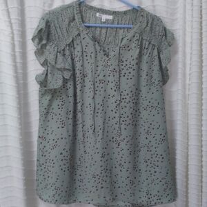 Daniel Rainn shirt NWT leopard green sage brown 1x DR2 ruffled sleeve cap